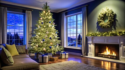 Modern Christmas tree in a cozy minimalist living room with soft lighting and festive decorations