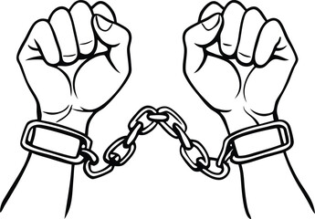 A pair of hands chained freedom line art  illustration black and white