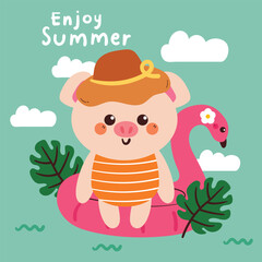 cute card with cartoon pig at the beach. animal card with summer vibes