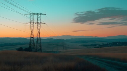 1. A high-voltage power line stretching across a rural landscape at sunset