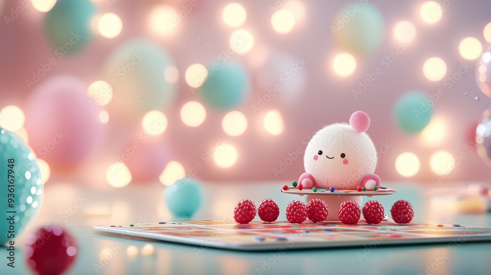 Poster Cute Fluffy Character with Raspberries on a Colorful Plate.