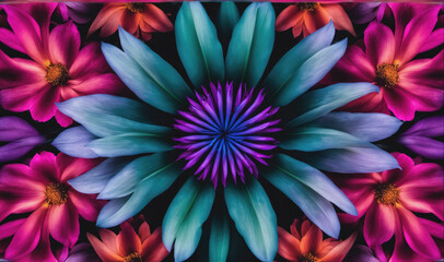 A large teal flower with a purple center is surrounded by pink and red flowers