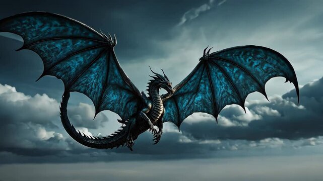 Video footage of dark dragon with expansive blue wings against a stormy sky backdrop,dragon appears to be in flight and has intricate scale patterns along its body
