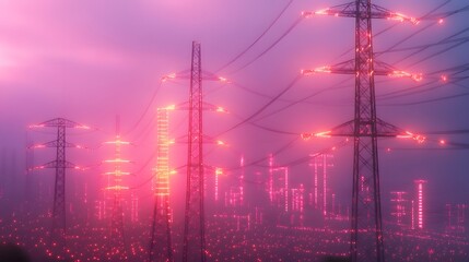 2. An intricate network of electrical transmission towers with glowing power lines