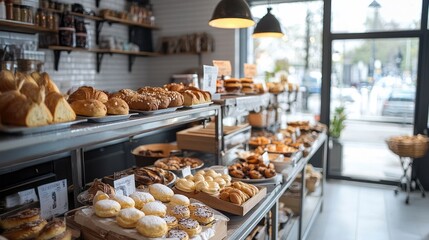 An assortment of freshly baked pastries and breads displayed in a bakery, showcasing a variety of delicious and artisanal baked goods..