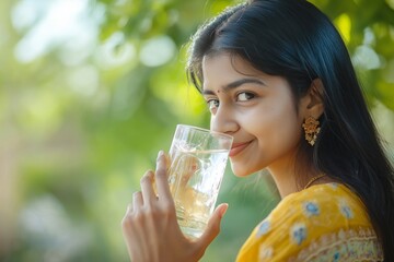 Smiling woman drinking water in a garden setting, emphasizing hydration and natural wellness.