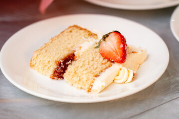 close up of a slice of Strawberry shortcake on A plate
