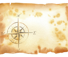 watercolor old textured vintage brown paper, wind rose, parchment with ripped edges, illustration of antique geography and cartography tool isolated on white background © TATIANA