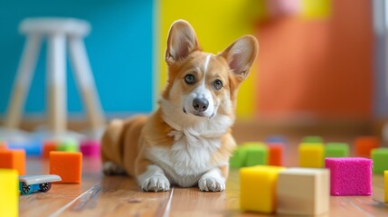 Cute dog toy radio controlled between rubber toy blocks on parquet floor isolated on colorful background