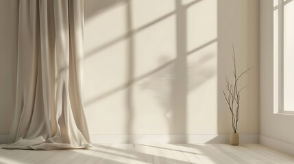 Aesthetic empty white blank wall background with sunlight shadow and beige linen curtain