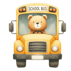 Cute illustration of a teddy bear driving a school bus, perfect for children's themes and educational materials.