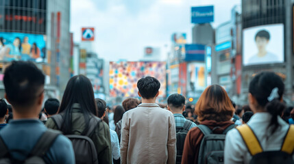A man walks through a bustling crowd on a Tokyo street. Many people are visible in the background, all moving about their day - Generative AI