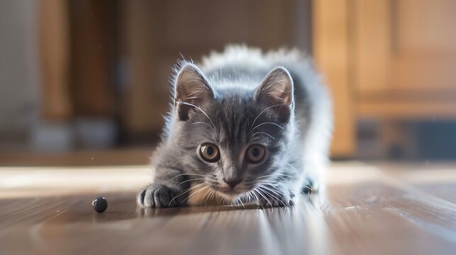 Cute grey kitten is hunting and chasing the laser pointer on the floor
