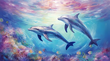 Fototapeta premium A vibrant underwater scene with playful dolphins and colorful marine life, perfect for decor.