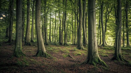 Obraz premium Serene Forest in Early Morning Light with Trees and Greenery All Around