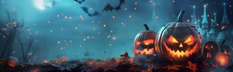Fototapeta premium Halloween background with sinister pumpkins, autumn atmosphere, mysteries and mysticism