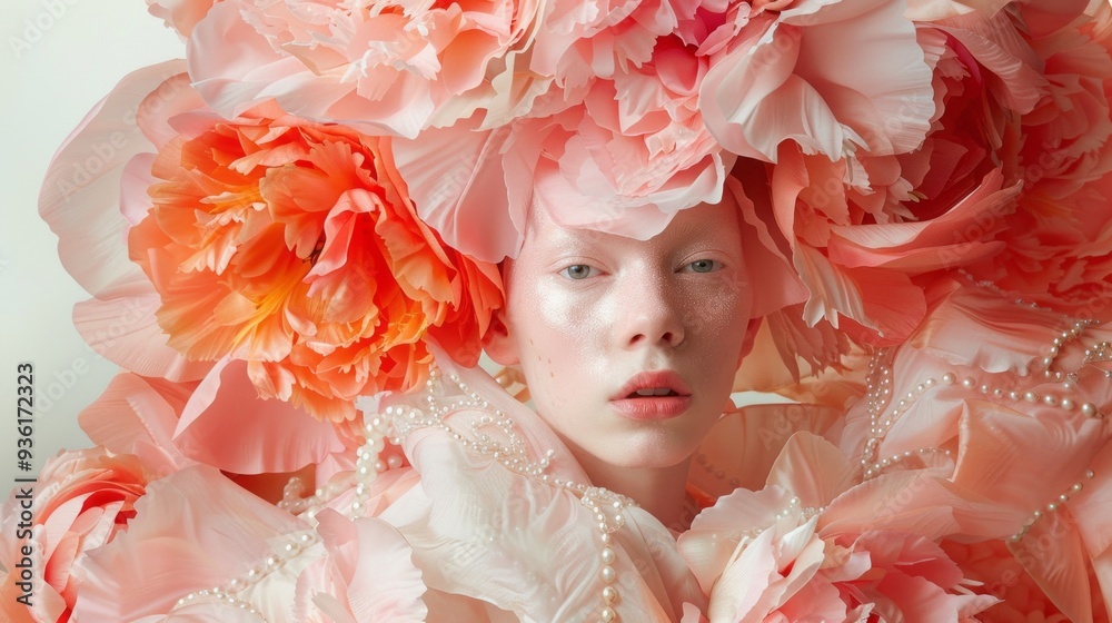 Poster soft light envelops a striking albino model, whose delicate features are framed by a lush collection