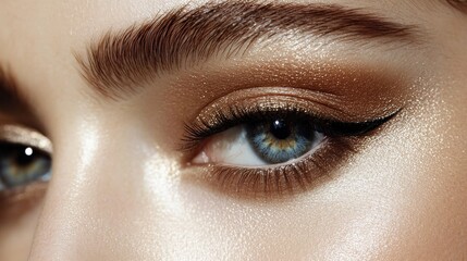 Fototapeta premium A close-up of eyes with a sleek, modern makeup look featuring metallic eyeshadow and precise eyeliner. The image exudes sophistication and contemporary fashion trends