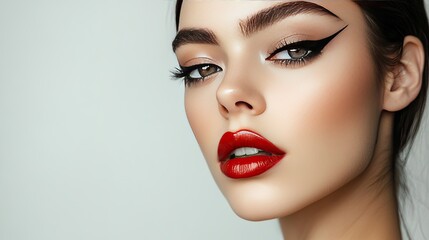 Fototapeta premium A close-up shot of a model showcasing fashionable makeup in a sleek, modern style. The focus is on sharp eyeliner, bold lips, and flawless skin, set against a minimalistic background
