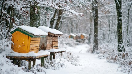 Beehive Snow: Apiculture in Cold Climate. Beehives Covered with Snow in Rural Environment
