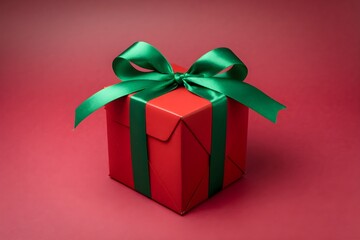 Obraz premium Red gift box with green ribbon bow on a matching red background