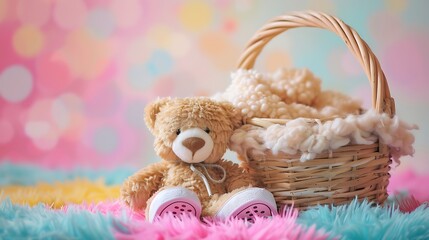 cute newborn baby girl shoes with teddy bear basket isolated on colorful background