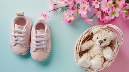 cute newborn baby girl shoes with teddy bear basket isolated on colorful background
