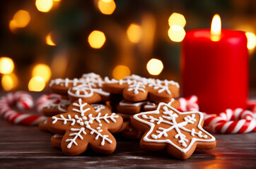 Gingerbread cookies shaped like snowflakes and stars, decorated with white icing in delicate patterns. Horizontal, golden bokeh lights background. Festive holiday atmosphere.