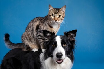 Tabby cat perches atop black and white dog against vibrant blue background