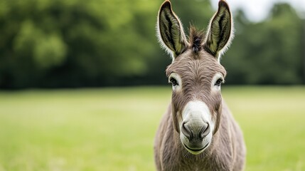A donkey standing in a field with trees behind it, AI