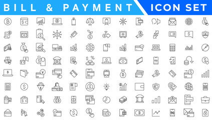 Payment icon set. Business and finance payment collection with money, banking, credit card, exchange, cash and transaction symbol.