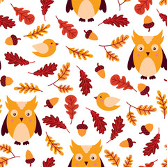 Obraz premium Seamless pattern with birds and oak leaves