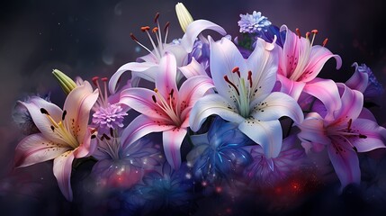 Glowing lilies under a starry night sky create an enchanting and vibrant floral display.