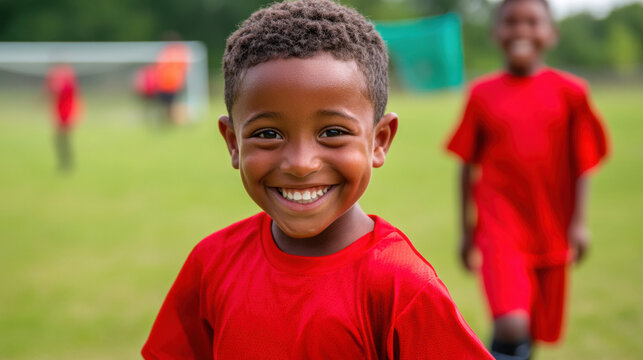 A young boy in red shirt smiling while playing soccer, AI