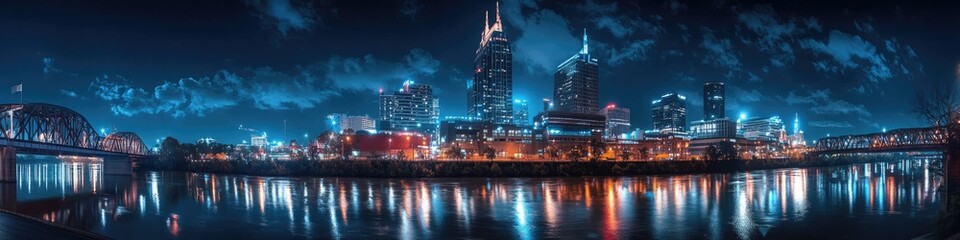 Obraz premium Nashville Night. Skyline with Shelby Street Pedestrian Bridge over Cumberland Riverfront