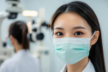 Optometrist Mask. Asian Women Examining Eyesight at Optical Clinic