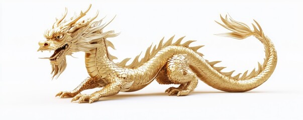 Golden Chinese dragon, full body, front view, white background