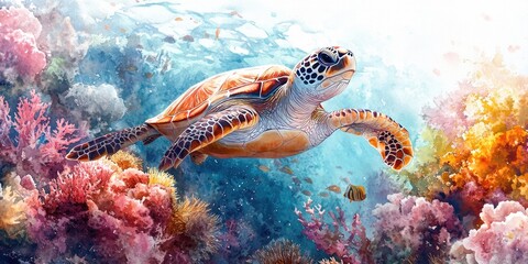 Obraz premium Watercolor Painting of a Sea Turtle Swimming Through Coral Reef