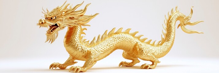 Obraz premium Golden Chinese dragon, full body, front view, white background