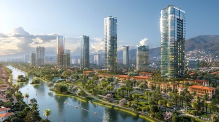 Obraz premium Modern Urban Skyline with Waterfront Architecture, Residential Buildings, and Lush Green Spaces.