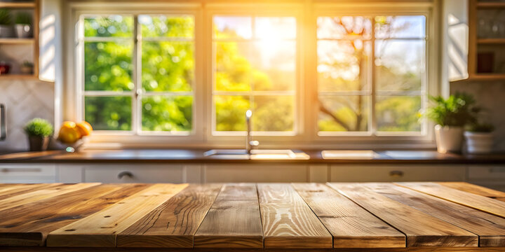 Empty wooden table and blurred kitchen interior background. Ready for product display montage