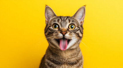 Obraz premium Amusing senior cat with its tongue sticking out against a bright yellow background