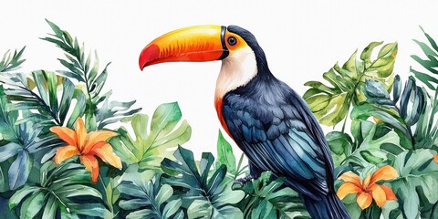 Toucan with Tropical Foliage and Flowers in Watercolor