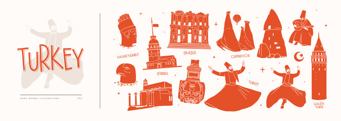 A hand-drawn illustration of iconic Turkish landmarks and cultural symbols, including Mount Nemrut, Ephesus, Cappadocia, whirling dervishes, and Galata Tower, capturing the essence of Turkey.