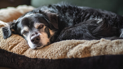 Old dog with gray hair on his face sleeping in a dog bed 