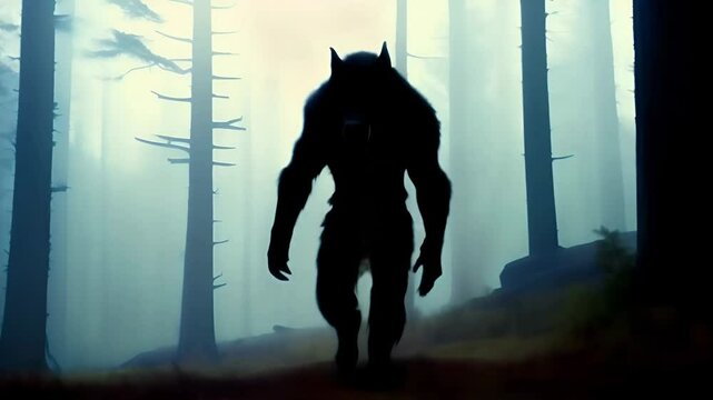 Silhouette of a creepy, scary, and frightening werewolf in a dark forest on Halloween night, creating a chilling and eerie atmosphere