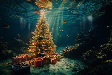 A Christmas tree is surrounded by presents in a body of water. Christmas background