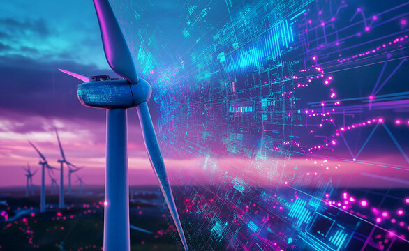 Futuristic wind turbine with glowing neon lights and digital data particles against a vibrant sunset sky. 