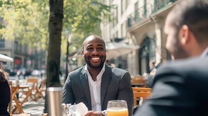 A business traveler smiles while meeting at a café, enjoying a sunny morning with colleagues in an outdoor setting