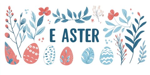 An easter elements collection with flowers, leaves and eggs on a white background. EASTER text in the center of the picture.